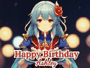 Happy Birthday Ashley GIF: Anime girl holding a birthday cake and an animated sword falls into it. Text reads Happy Birthday Customize