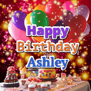 Happy Birthday Ashley GIF: Animated happy birthday gif on a bright red glittery background and 3 lines of text reading Happy Birthday Customize