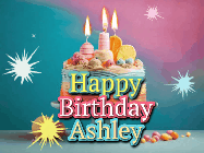 Happy Birthday Ashley GIF: A colorful animated Happy Birthday Cake GIF with swirling sparkles and flickering candles. It reads Happy Birthday Name