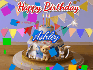 Happy Birthday Ashley GIF: Happy Birthday Cake GIF with a cat, lamb, and squirrel on the cake with flickering candles, a sparkler, and falling confetti. Reads Happy Birthday Name and you can customize the name