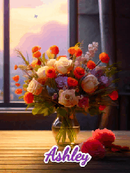 Happy Birthday Ashley GIF: A vase of flowers and animated hearts pop in and out as the words Happy Birthday Name appears that you can customize