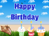 Happy Birthday Austin GIF: A beach crab displays the birthday name that you can customize on a beach with cupcakes. Animated, cute, weird.