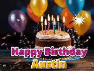 Happy Birthday Austin GIF: A birthday cake with flickering candles gif with text reading Happy Birthday and a Name slot to customize