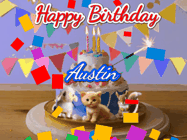 Happy Birthday Austin GIF: Happy Birthday Cake GIF with a cat, lamb, and squirrel on the cake with flickering candles, a sparkler, and falling confetti. Reads Happy Birthday Name and you can customize the name
