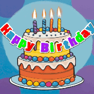 Happy Birthday Barb GIF: Festive birthday cake GIF with name, stars, hearts, and confetti streaking past and flickering candles.