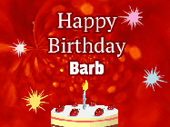 Happy Birthday Barb GIF: A bright red happy birthday gif animated with a cake candle, and glitter and sparkles. Customize with name.