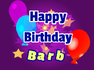 Happy Birthday Barb GIF: A lovely purple birthday gif animated with moving text, a balloon, and bubbles. Customize it.