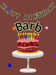 Happy Birthday Barb GIF: Animated birthday gif of a chocolate cartoon cake and stars. Animated text can be customized with name.