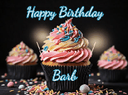 Happy Birthday Barb GIF: A delicious cupcake gif with animated sparkles reading Happy Birthday with a name to customize
