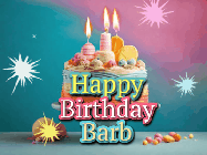 Happy Birthday Barb GIF: A colorful animated Happy Birthday Cake GIF with swirling sparkles and flickering candles. It reads Happy Birthday Name