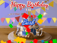 Happy Birthday Barb GIF: Happy Birthday Cake GIF with a cat, lamb, and squirrel on the cake with flickering candles, a sparkler, and falling confetti. Reads Happy Birthday Name and you can customize the name