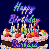 Happy Birthday Barbara GIF: A dark blue birthday gif with a beautiful cake with flickering candles, background sparkles and a name to customize.
