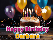 Happy Birthday Barbara GIF: A birthday cake with flickering candles gif with text reading Happy Birthday and a Name slot to customize
