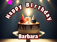 Happy Birthday Barbara GIF: Animated happy birthday gif with a cake and flickering candles with colorful falling confetti and text reading Happy Birthday
