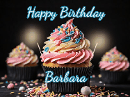 Happy Birthday Barbara GIF: A delicious cupcake gif with animated sparkles reading Happy Birthday with a name to customize