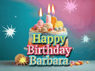 Happy Birthday Barbara GIF: A colorful animated Happy Birthday Cake GIF with swirling sparkles and flickering candles. It reads Happy Birthday Name