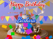 Happy Birthday Barbara GIF: Happy Birthday Cake GIF with a cat, lamb, and squirrel on the cake with flickering candles, a sparkler, and falling confetti. Reads Happy Birthday Name and you can customize the name