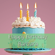 Happy Birthday Barbara GIF: Sparkles fly over a birthday cake that has 3 flickering candles, text in a colored band read Happy Birthday Name.