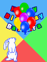 Happy Birthday Barbara GIF: Birthday gif animated with a cute bunny rabbit curious about some birthday balloon that float up revealing birthday wish.