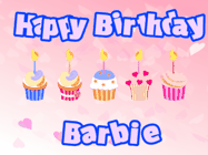 Happy Birthday Barbie GIF: Pink animated birthday gif with 5 cupcakes and candles and animated text you can customize with name.