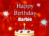 Happy Birthday Barbie GIF: A bright red happy birthday gif animated with a cake candle, and glitter and sparkles. Customize with name.