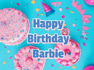 Happy Birthday Barbie GIF: Happy birthday animated gif on this beautiful cake background and confetti with flowers, hearts, and stars.