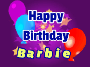 Happy Birthday Barbie GIF: A lovely purple birthday gif animated with moving text, a balloon, and bubbles. Customize it.