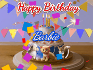 Happy Birthday Barbie GIF: Happy Birthday Cake GIF with a cat, lamb, and squirrel on the cake with flickering candles, a sparkler, and falling confetti. Reads Happy Birthday Name and you can customize the name