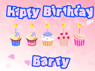 Happy Birthday Barry GIF: Pink animated birthday gif with 5 cupcakes and candles and animated text you can customize with name.