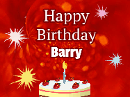 Happy Birthday Barry GIF: A bright red happy birthday gif animated with a cake candle, and glitter and sparkles. Customize with name.