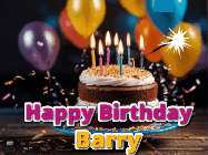 Happy Birthday Barry GIF: A birthday cake with flickering candles gif with text reading Happy Birthday and a Name slot to customize