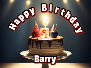 Happy Birthday Barry GIF: Animated happy birthday gif with a cake and flickering candles with colorful falling confetti and text reading Happy Birthday