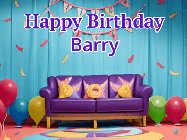 Happy Birthday Barry GIF: Animated gif happy birthday with 3 rings of fireworks in front of a party room sofa. Customize it.