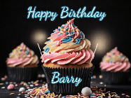 Happy Birthday Barry GIF: A delicious cupcake gif with animated sparkles reading Happy Birthday with a name to customize