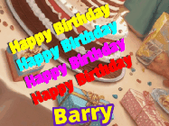 Happy Birthday Barry GIF: Happy birthday animated gif with name to customize depicting 3 star fireworks over a birthday table background.