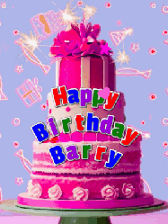 Happy Birthday Barry GIF: A big beautiful birthday cake gif with falling confetti, sparklers, and balloons, reads Happy Birthday Name. Customize it.