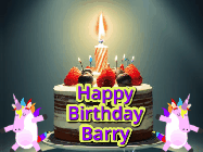 Happy Birthday Barry GIF: An animated gif with 2 unicorns and a birthday candle on a cake.