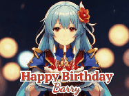 Happy Birthday Barry GIF: Anime girl holding a birthday cake and an animated sword falls into it. Text reads Happy Birthday Customize