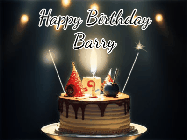 Happy Birthday Barry GIF: Animated birthday cake gif with sparklers on a dark background. Personalize up to 3 lines of text.