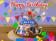 Happy Birthday Barry GIF: Happy Birthday Cake GIF with a cat, lamb, and squirrel on the cake with flickering candles, a sparkler, and falling confetti. Reads Happy Birthday Name and you can customize the name