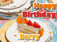 Happy Birthday Barry GIF: A very orange happy birthday card gif with popping out confetti showing a slice of birthday cake and customizable name.