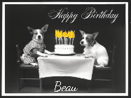 Happy Birthday Beau GIF: Vintage animated birthday card gif with name, flickering candles, birthday cake, and 2 dogs sitting at the table.