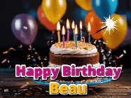 Happy Birthday Beau GIF: A birthday cake with flickering candles gif with text reading Happy Birthday and a Name slot to customize