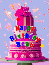 Happy Birthday Beau GIF: A big beautiful birthday cake gif with falling confetti, sparklers, and balloons, reads Happy Birthday Name. Customize it.