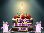 Happy Birthday Beau GIF: An animated gif with 2 unicorns and a birthday candle on a cake.