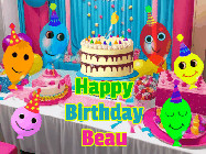 Happy Birthday Beau GIF: A birthday animated gif with a party room in the background and cute balloons, cake, and name to customize.