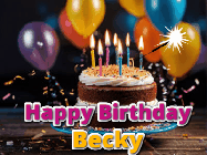 Happy Birthday Becky GIF: A birthday cake with flickering candles gif with text reading Happy Birthday and a Name slot to customize
