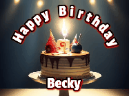 Happy Birthday Becky GIF: Animated happy birthday gif with a cake and flickering candles with colorful falling confetti and text reading Happy Birthday