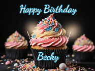 Happy Birthday Becky GIF: A delicious cupcake gif with animated sparkles reading Happy Birthday with a name to customize