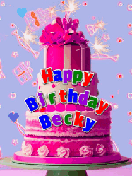 Happy Birthday Becky GIF: A big beautiful birthday cake gif with falling confetti, sparklers, and balloons, reads Happy Birthday Name. Customize it.